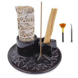Aonfubu Sage and Palo Santo Holder,4 in 1 Incense Burner Holder for Sticks,Ceramic Sage Holder for Burning,Candle Holder,Ash Catcher Tray for Meditation Yoga,Black