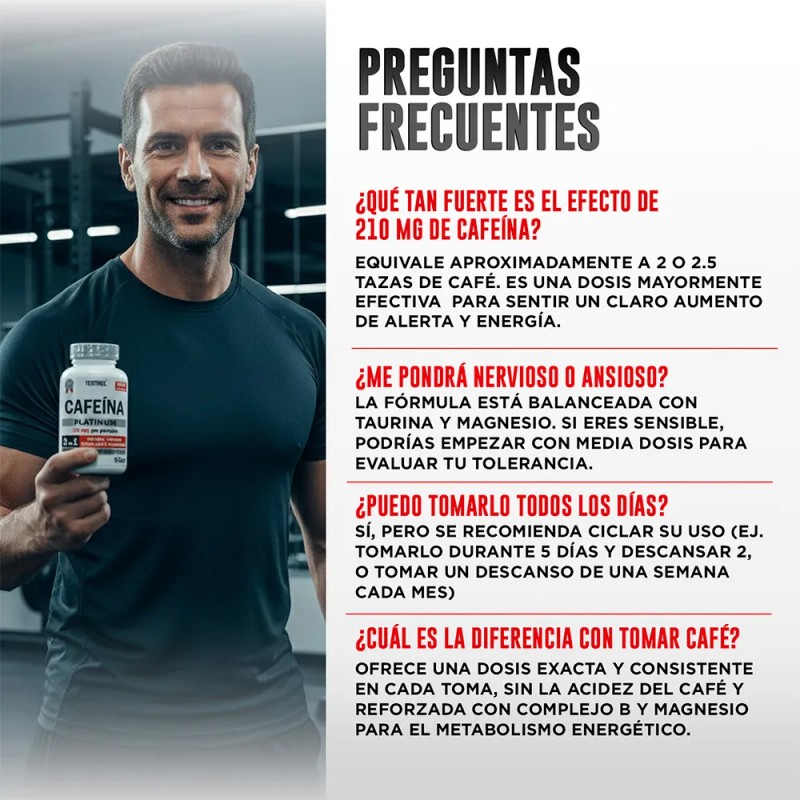 Cafeína 210 Mg | Testrol Platinum | 90 Cápsulas Sin