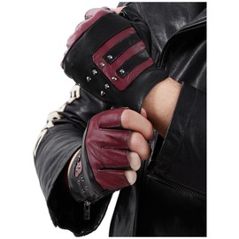FIORETTO Mens Genuine Leather Fingerless Gloves Unlined Half Finger Punk Gloves for Driving Cycling Motorcycle Burgundy Small