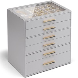 Vlando 6 Layer Jewelry Box for Women, Glass Lid Jewelry Organizer with 6 Drawers for Necklaces Rings Earrings Bracelets - Grey