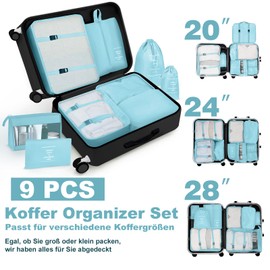 OBSGUMU Suitcase Organiser Set, 9 Pieces Packing Cubes for Travel, Packing Bags for Suitcases, Travel, Clothes Bags, Packing Cubes with Cosmetic Bag, Packing Cube for Travel Utensils (Blue)