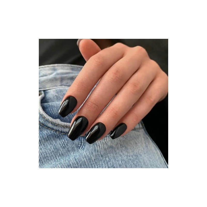 Uñas Postizas Negras de Presión, Tamaño Mediano, Forma de Ataúd,