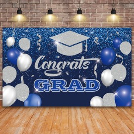 Congrats Grad Backdrop Banner | 2025 Graduation Party Decorations | Congratulations Graduate Photo Background | Prom Night Party Supplies | Blue and Silver, 6 x 3.6 ft
