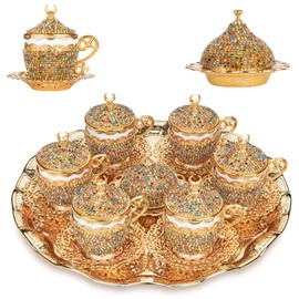 Alisveristime 27 Pc Ottoman Turkish Greek Arabic Coffee Espresso Serving Cup Saucer Crystal Set (Gelincik) - Handcrafted Traditional Set with Hilal Motifs (Mix)