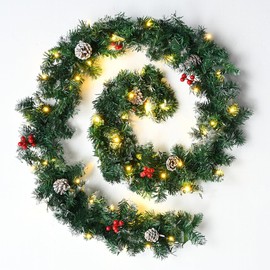 2.7M/9FT Christmas Garland for Fireplace, Christmas Garland with Lights, Pre-lit Christmas Garland Wreath with Snow, Pinecones and Berries for Fireplace Stair Door Xmas Tree Garden Yard Holiday Decor