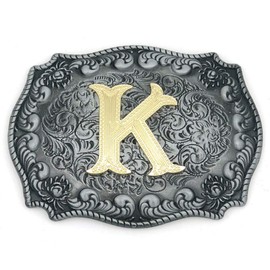 HUABOLA CALYN Western Belt Buckle Initial Letters ABCDEFG to Y-Cowboy Rodeo Silver Large Belt Buckle for Men and Women (K) Upgrade