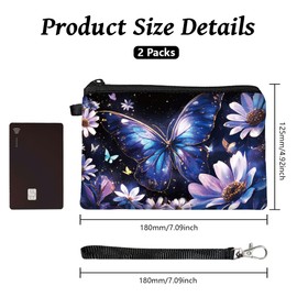 Peacoblue Set of 2 Large Coin Bags for Women - Dragonfly and Wisteria Durable Purse Makeup Bag with Zipper, Butterflies And Flowers, butterflies and flowers