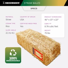 Sandbaggy Rice Straw Bales (Certified Weed Free) - 46" x 15" x 22" - 1 Bale