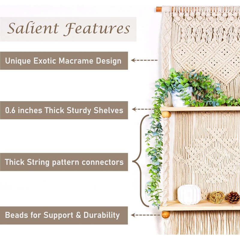 Induslyfe Macrame Wall Hanging Shelf 2 Tier Boho Wall Plant