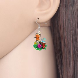 NEWEI Acrylic Cute Hawaii Hoopoe Bird Dangle Earrings Funny Unique Tropical Palm Leaf and Coconut Drinks Design Summer Jewelry Beach Vacation Gifts for Women Bird Lovers (Colorful)