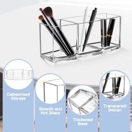 Acrylic Clear Pen Holder, Pencil Pot Makeup Brush Holder, 3 Compartments, Pen Pots for Desk Accessories, Makeup Skincare Organiser, Stationery Storage Organiser for Office, School, Home