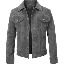 LP-FACON Men’s Grey Trucker Suede Leather Jacket - Cowboy Western Style Jackets For Men
