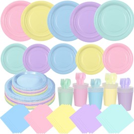 CUUSNNY 200 Pcs Pastel Rainbow Disposable Dinnerware Set, Macaron Color Paper Plates Cups Napkins Plastic Forks Knives Spoons, Pastel Party Tableware Serves 25 Guests