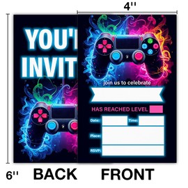 RNYJJ Video Game Birthday Invitations, Neon Glow Video Gamer Birthday Party Level Up Birthday Invites Cards With Envelopes (20 Count), Double Sided Design