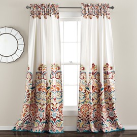 Lush Decor Clara Curtains Paisley Damask Print Bohemian Style Light Filtering Window Panel Set for Living, Dining, Bedroom (Pair), 52" W x 84" L, Turquiose & Tangerine