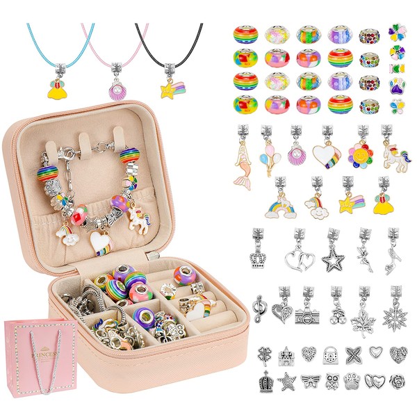 Hysagtek Charm Bracelet Making Kit for Girls, 66 Pcs DIY Beads Necklace kit Jewelry Making Charm Pendants Craft Gifts with Gift Box for Teen Girls Age 6-12 Years