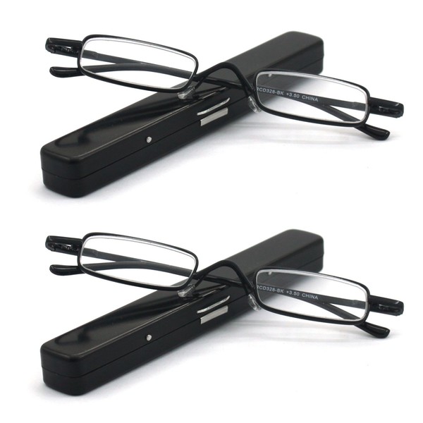 EYE ZOOM 2 Pack Metal Mini Reading Glasses with Spring Hinge Slim Light Case, Black, Strength +3.50