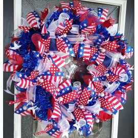XL Patriotic 4th of July Vintage BLING Deco Mesh Front Door Wreath Home Decor Funky Fun Festive Summer Birthday Party Decor Indoor Outdoor