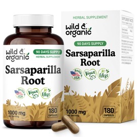 Wild & Organic Sarsaparilla Root 1000mg Capsules - Skin & Detox Support - Sarsaparilla Herb Extract Supplement - 90 Days of Supply - 180 Vegan Capsules - Non-GMO, Gluten-Free, No Fillers