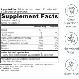 15 Sticks of Ancient Nutrition Rapid Hydration Powder, Strawberry Lemonade, Electrolytes from Natural Sea Salts and Red Marine Algae, Supports Rapid Body Hydration and Cellular Health