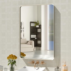 WEER 36X30 Inch Brushed Nickel Bathroom Mirror, Brushed Silver Metal Frame Mirror, Rounded Rectangle Silver Bathroom Vanity Mirror, Tempered Glass, Anti-Rust, Hangs Horizontally or Vertically