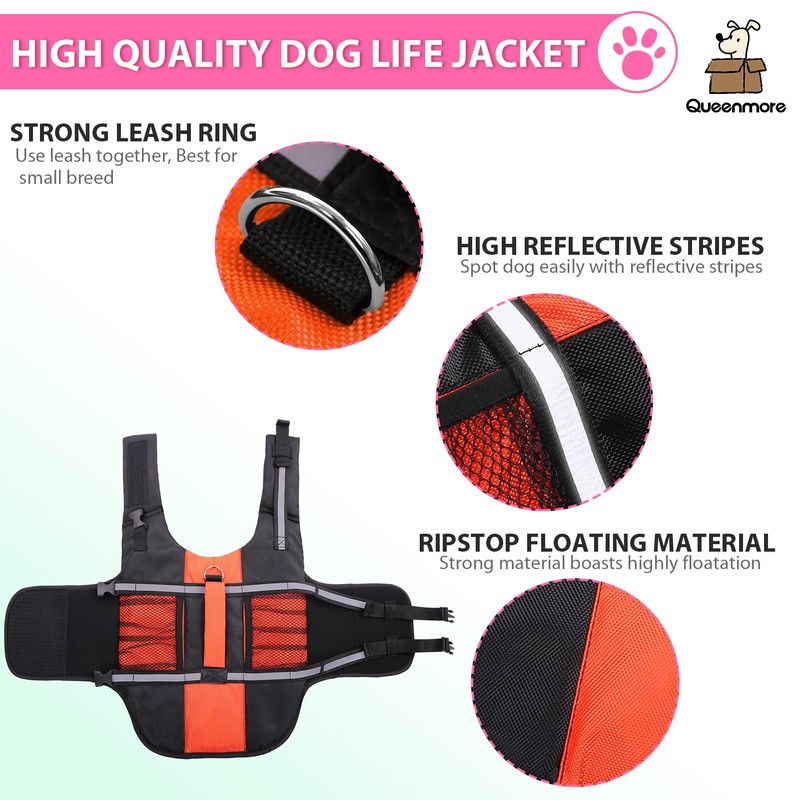 Queenmore Small Dog Life Jacket, Adjustable Pet Life Vest for