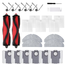 Q7 M5+ Replacement Parts Kit, compatible with Roborock Q7 M5+ and Q7 L5+ robot vacuums. Includes 2 main brushes, 6 side brushes, 6 dust bags and filters, 4 mop pads, 1 cleaning tool, and a screwdriver