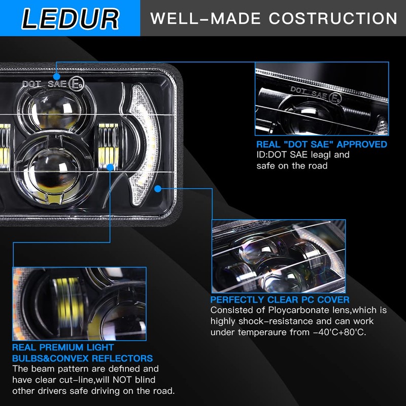 LEDUR 4x6 LED Headlights DOT Approved 4pcs With Turn Signal