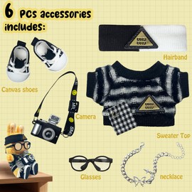 17cm Doll Clothes 6 PCs Accessories Outfits Black Shoes Sweater Glasses Hairband Camera Necklace Clothing Set for Keychain,No Doll(Black)