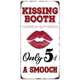 Kissing Booth Metal Signs Valentine's Day Wall Art Decoration Home Farmhouse Bar Kitchen Living Room Coffee Corner White Day Decor Lip Print Retro Hanging Plaque Romantic Gift (12x6 Inch)