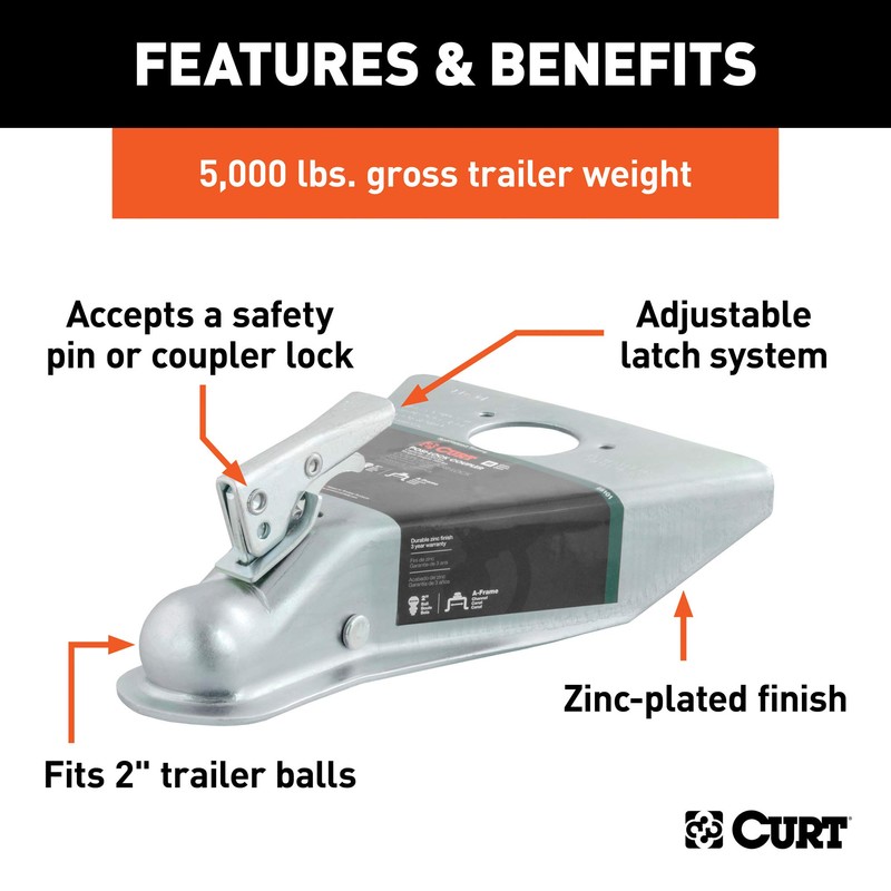CURT 25101 A-Frame Trailer Coupler, 2-Inch Hitch Ball, 5,000 lbs