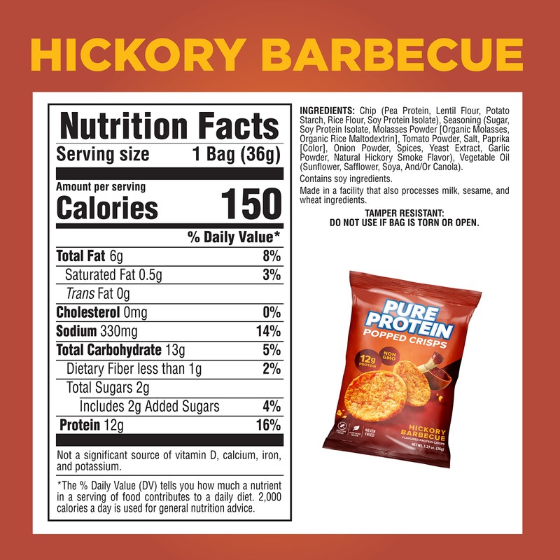 Pure Protein Popped Crisps, Hickory Barbecue, High Protein Snack, 12G