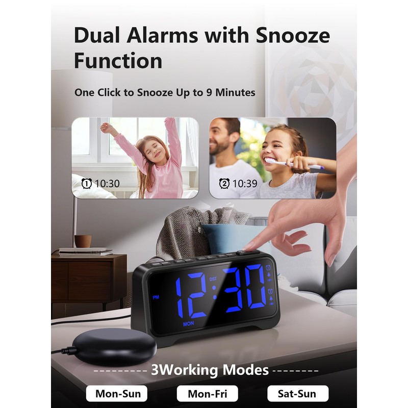 Mesqool Extra-Loud Alarm Clock with Bed Shaker for Heavy Sleepers,