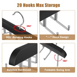 Cycleacc Tie Rack Hanger for Closet, 2 in 1 Belt Tie Hangers with 20 Folding Hooks, 360 Degree Rotating Wooden Tie Holder Organizer for Men Ties Belts Scarves Tank Tops Accessories, Black (2 Pack)