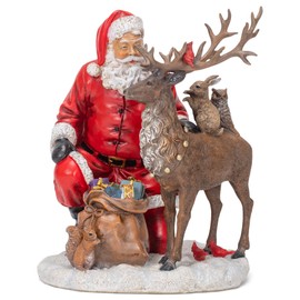 Festive Red Santa with Reindeer 12 inch Resin Holiday Decorative Tabletop Figurine