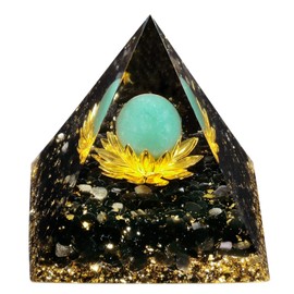 mookaitedecor Green Aventurine Crystal Pyramid with Obsidian Tumbled Stones Crystal Ball on Golden Lotus Chakra Energy Generator for Protection Reiki Healing Meditation Office Home Decoration