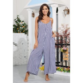 wexcen Overol casual con estampado floral para mujer, sin mangas, tirantes delgados, pantalones de pierna ancha con dos bolsillos, Azul marino (Plaid Navy), S