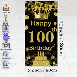 100th Birthday Decoration Background Door Decoration Banner Fabric Sign 100th Birthday Party Welcome Sign Poster Man Birthday Decoration Door Banner, Gold, Black, 35.4"x70"