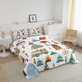 Feelyou Happy Camping Comforter Set for Kids Boys Girls Full Size Outdoor Travel Bedding Set Ultra Soft Travel Bag Tent Compass Print Duvet Quilt Camping Gifts Comforter Travel Trailers Themed