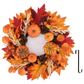Fall Wreath 19 Inch Autumn Front Door Harvest Wreath with Various Pumpkin Cluster of Berries Maple Leaves Pine Cones for Outside Indoor Wall Window Festival Thanksgiving Autumn Fall Decor