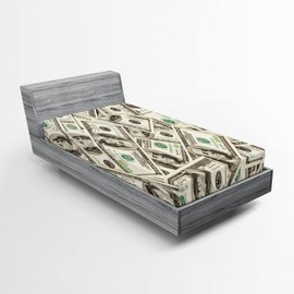 Ambesonne Money 2 Pack Fitted Sheet, Ben Franklin Portrait Wealth, Bed Cover All-Round Elastic Deep Pockets 2 Pieces, Package Contains 2 Twin Size Fitted Sheets, Pale Green Grey