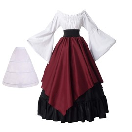 BPURB Women's Medieval Dress Renaissance Costumes Dress(Top & Skirt & Petticoat) (Black/Red, M)