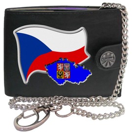 Klassek Czech REP Flag Ceska Map and Coat of Arms COA Mens Wallet with Chain Real Leather RFID Blocking with Coin Pocket and Metal Gift Box