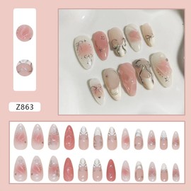 24Pcs Silver Bow Press on Nails Medium Almond French Tip Fake Nails with 3D Star Heart Design Pink White False Nails Full Cover Artificial Glue on Nails Handmade Stick on Nails for Women DIY Manicure
