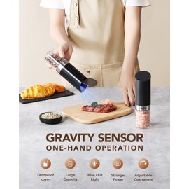 sangcon Sangcon Gravity Electric Salt and Pepper Grinder Set with Dust Cover, Battery Operated(4 AAA), Large Capacity, Adjustable Coarseness, One Hand Automatic Salt and Pepper Shakers Set Mill with LED Light