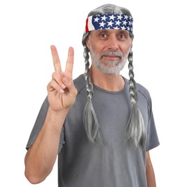 Costume Adventure Gray Braided Hippie Wig for Men Grey 60s Hippie Dude Wig With Hippy American Flag Headband - One Size