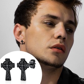 U7 Black Celtic Cross Mens Stud Earrings Viking Jewellery For Men