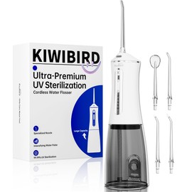 KIWIBIRD Water Dental Flosser Cordless with UVC Light, 3 Modes Portable Oral Irrigator, IPX7 Waterproof, 300ML Tank, Electric Teeth Cleaner for Tonsil Stones, Home & Travel Use (Black & White)
