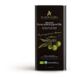 A ATLAS OLIVE OILS Bulk Organic Cold Pressed Moroccan Extra Virgin Olive Oil, Polyphenol Rich, Newly Harvested Unprocessed from One Single Family Farm Cold Press Ext. Virgin 170 Fl Oz (Pack of 1)