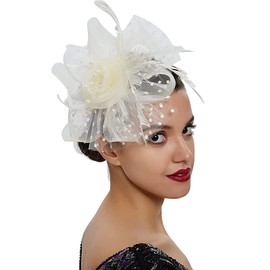 KalluliCC Fascinators Hat for Women Tea Party,Tea Party Hats with Mesh Ribbons Feathers,Wedding Headbands for Girls Beige